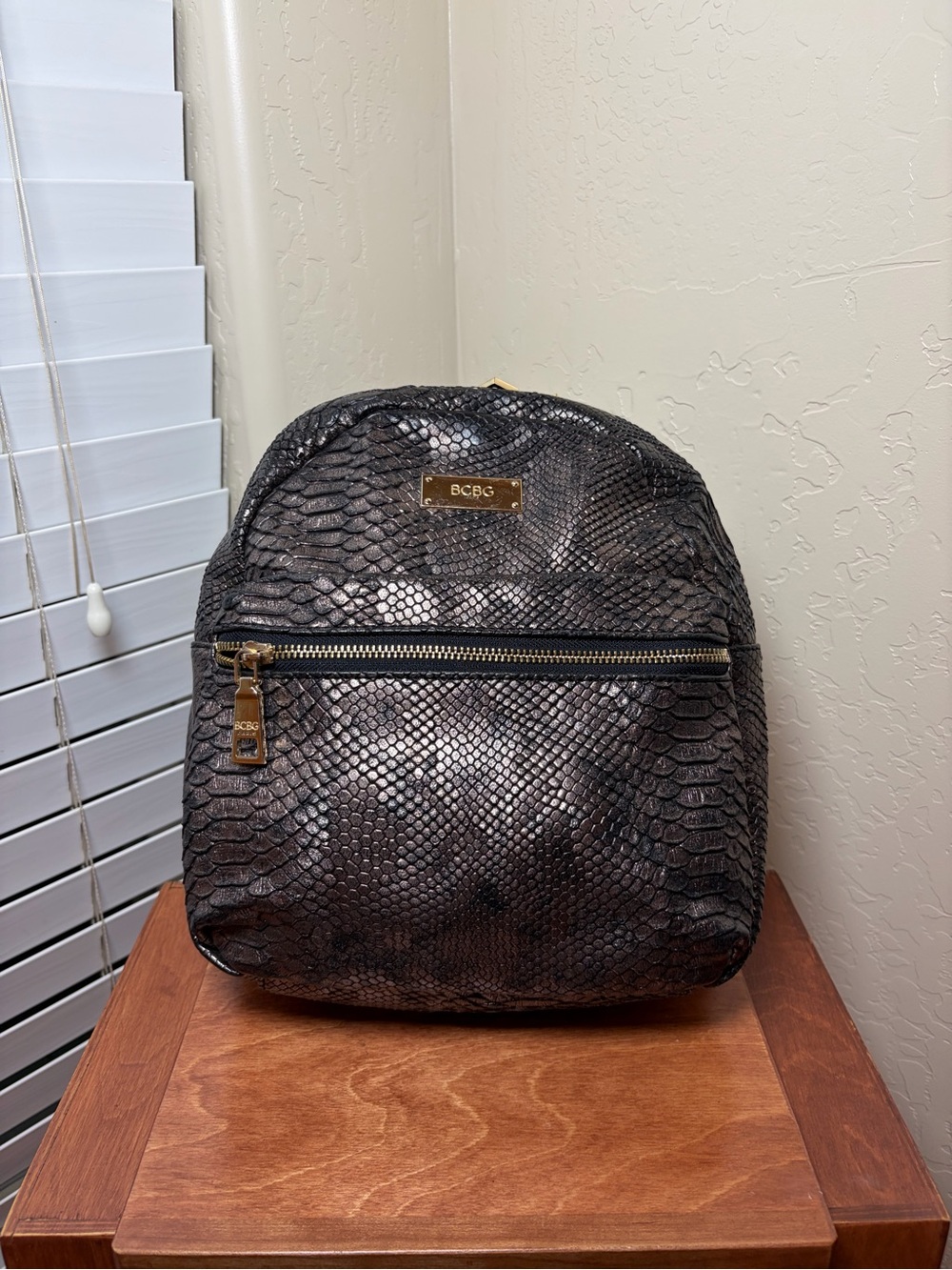 BCBG Paris Metallic Black Snake Embossed Backpack | Like New